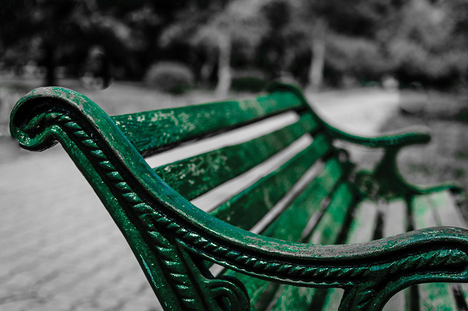 Close-up of a wooden bench, painted forest green, though the paint has begun to wear out with age and use