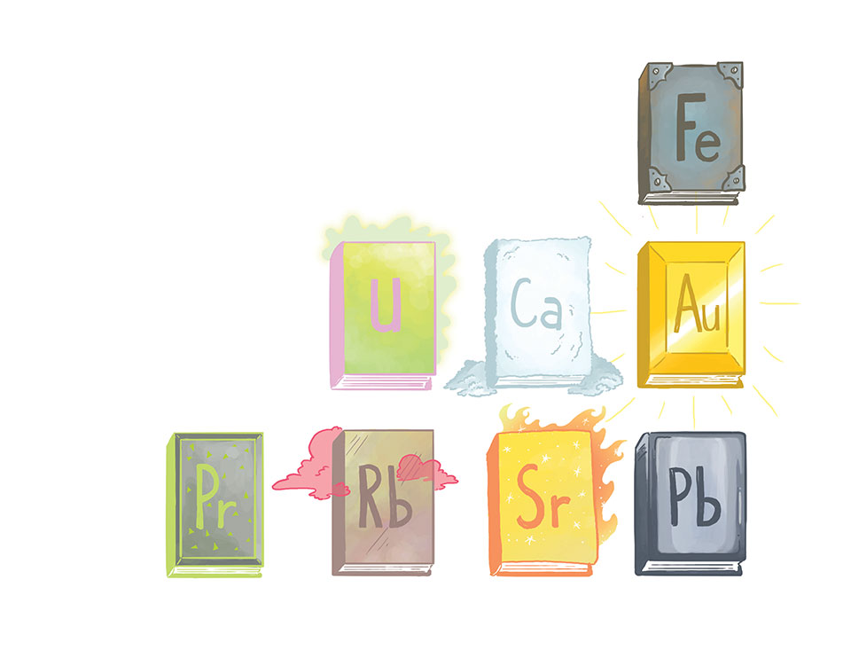 A drawing of books laid out like a portion of the periodic table, each book exhibiting aspects of the element it represents