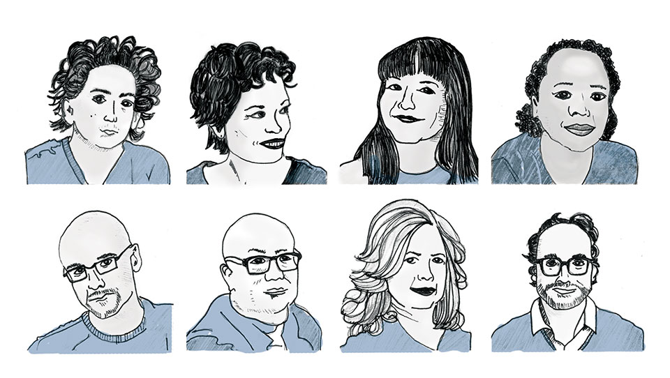 Digital illustrations of Daniel Alarcón, Julia Alvarez, Sandra Cisneros, Edwidge Danticat,  Junot Díaz, Ha Jin, Esmeralda Santiago, and Gary Shteyngart