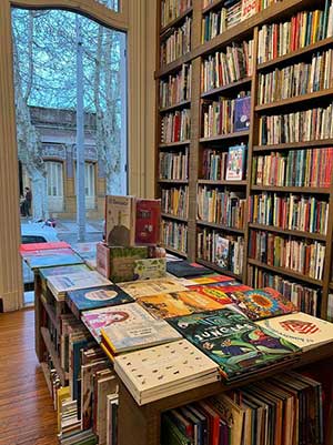 A photograph of a book shelf next to a window