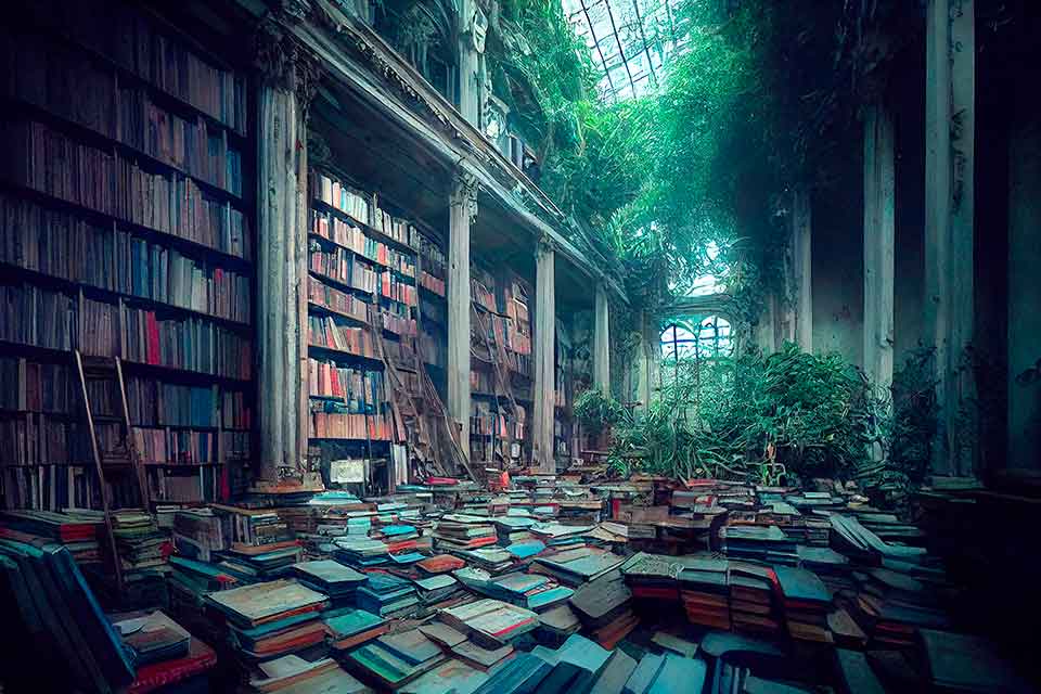 A digital illustration of a library, mostly in ruins with a tree growing in it