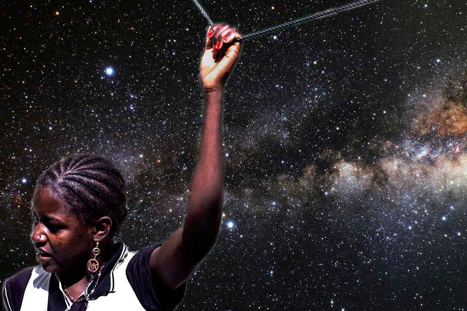 A girl holds a taut wire above her head with deep space in the background