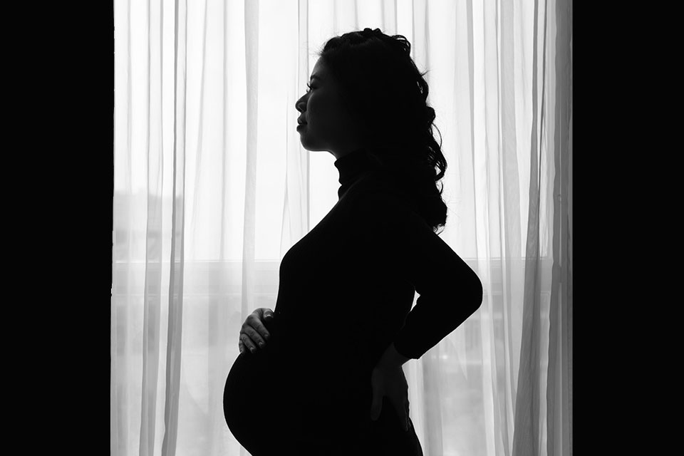 A pregnant woman standing in profile, mostly in silhouette, in front of a draped window 