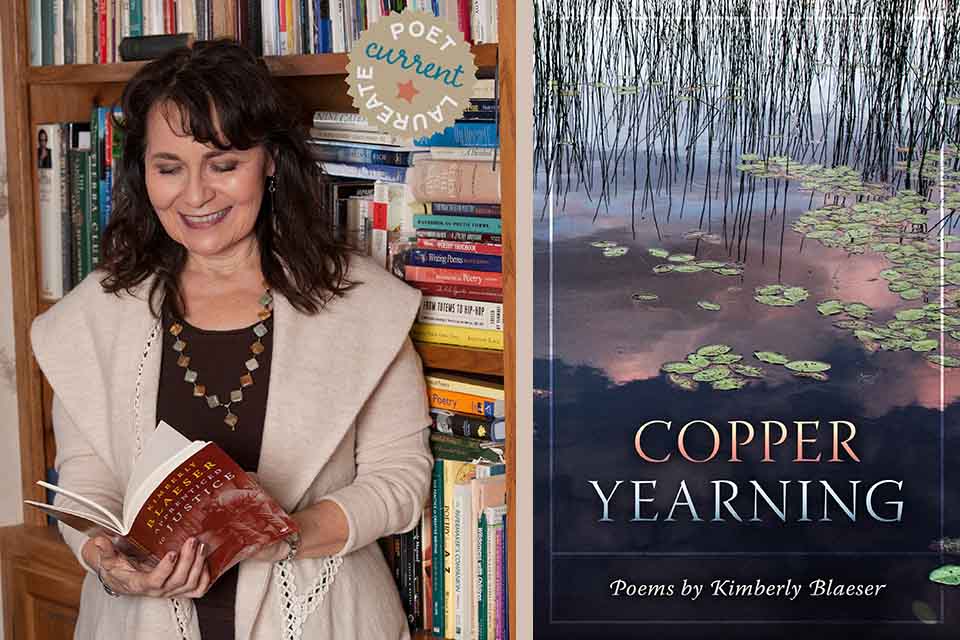 A photograph of Kimberly Blaeser juxtaposed with the cover to her book, Copper Yearning