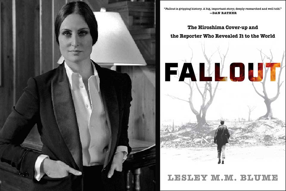 A photograph of author Lesley M. M. Blume juxtaposed with the cover to her book, Fallout