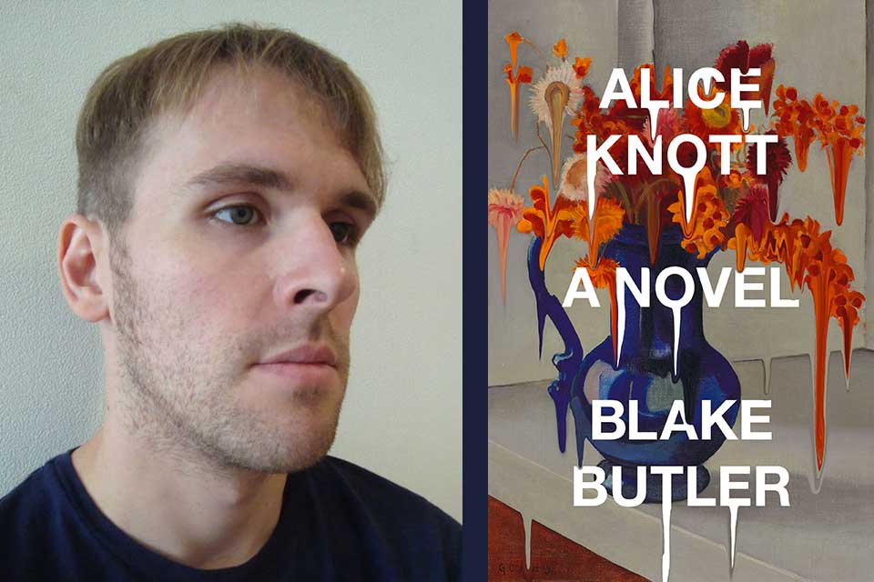 A photograph of Blake Butler juxtaposed with the cover to his book, Alice Knott