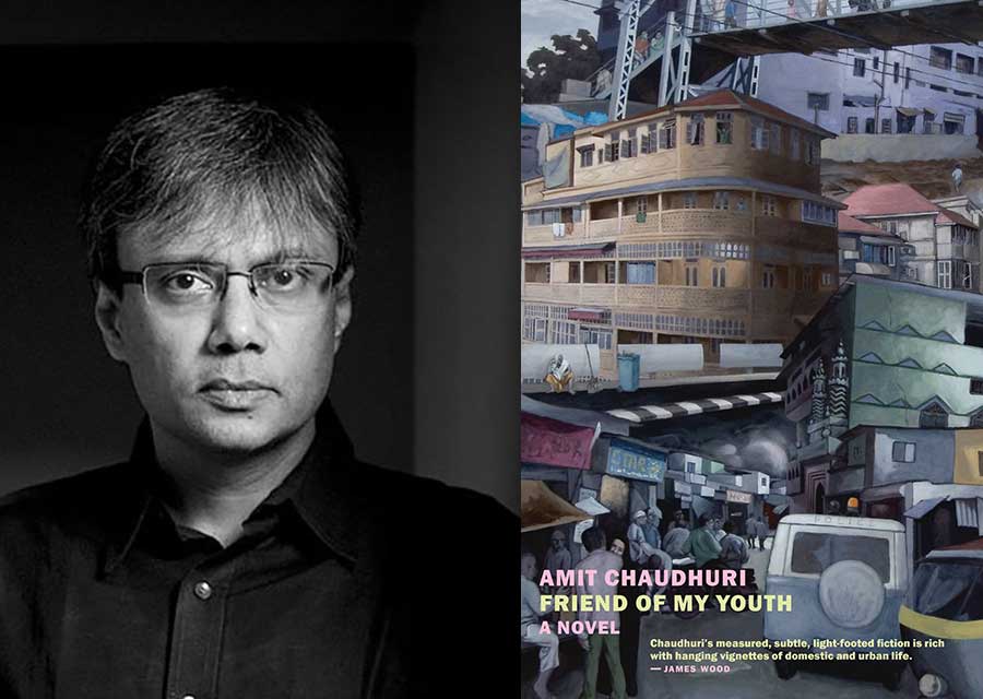 A photo of Amit Chaudhuri juxtaposed with the cover to his book Friend of My Youth