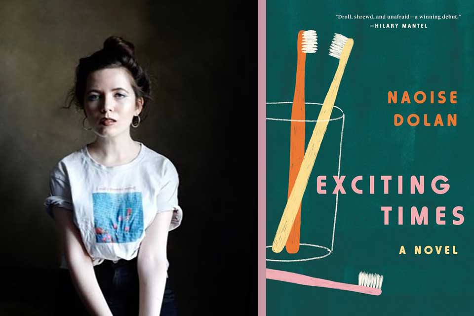 A photo of Naoise Dolan juxtaposed with the cover to her book Exciting Times