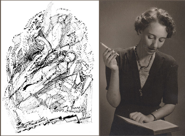 A drawing by Lea Goldberg juxtaposed with a photo with author