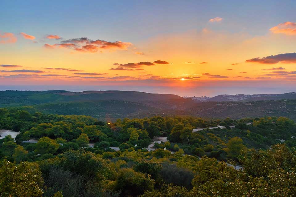 A photograph of an idyllic river valley with the sun rising in the background