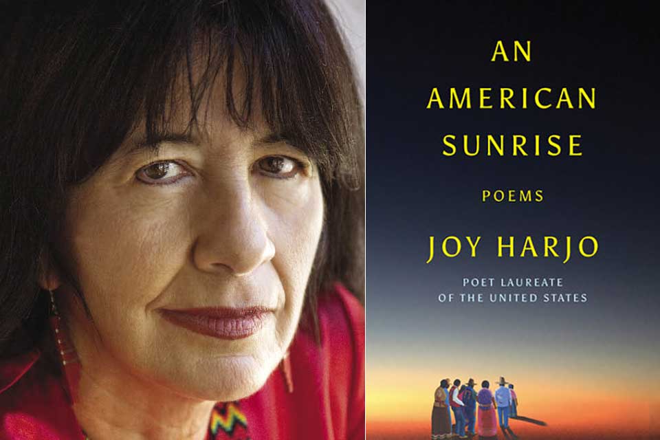 A photo of Joy Harjo juxtaposed with the cover to her book An American Sunrise