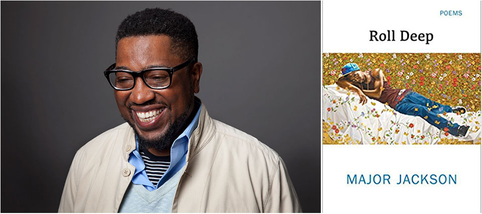 Poet Major Jackson smiling, juxtaposed against the cover of his book Roll Deep.