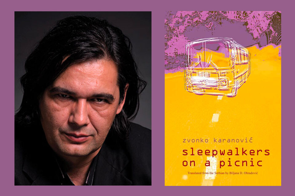 A photograph of Zvonko Karanović juxtaposed with to the cover of his book Sleepwalkers on a Picnic