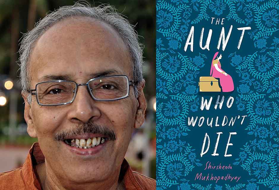 A photo of Shirshendu Mukhopadhyay juxtaposed with the cover to his book The Aunt Who Wouldn't Die