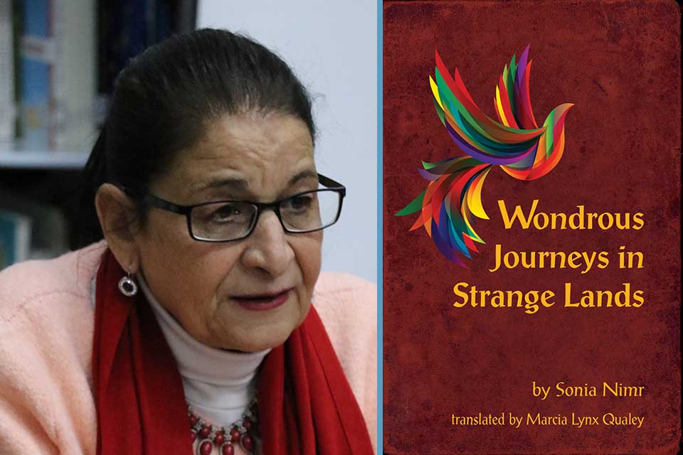 A photograph of writer Sonia Nimr juxtaposed with the cover to her book Wondrous Journeys in a Strange Land