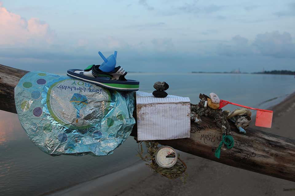 Water-logged trash, including a child's mylar balloon, a notebook and a sandal, lay on a tree branch with a lake stretching out in the background behind it