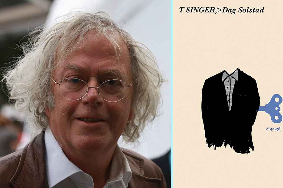 Author Dag Solstad juxtaposed with the cover to his book 'T Singer'