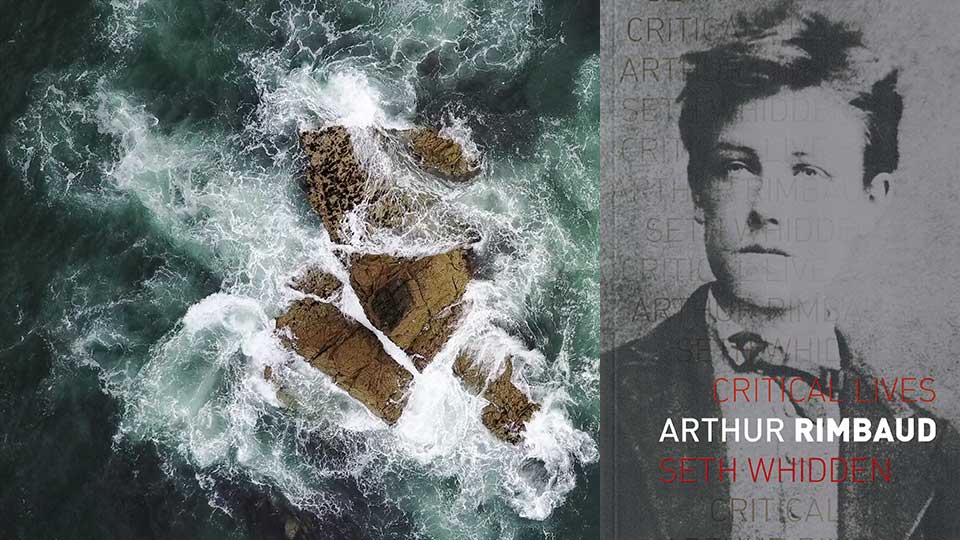 A rock being whipped by ocean waves from above with the cover to the Rimbaud biography inset on the right side of the image