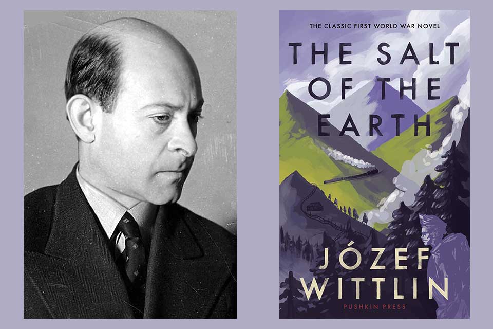 A black and white photograph of Józef Wittlin juxtaposed with the cover of his book Salt of the Earth