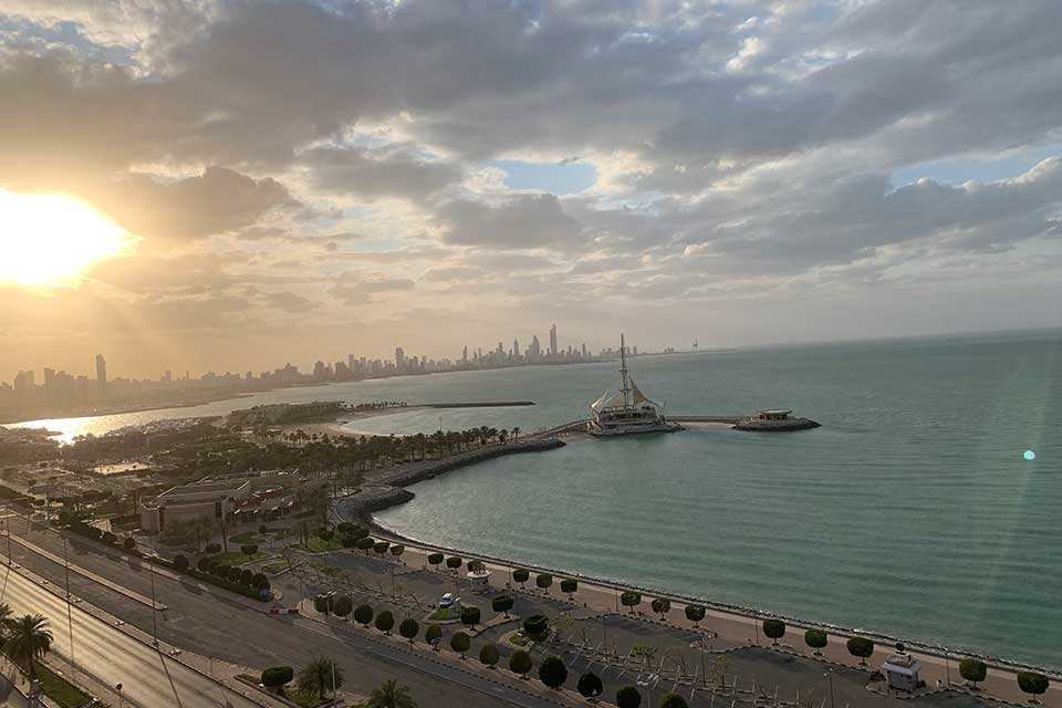 A shot of the Kuwait City skyline from the air