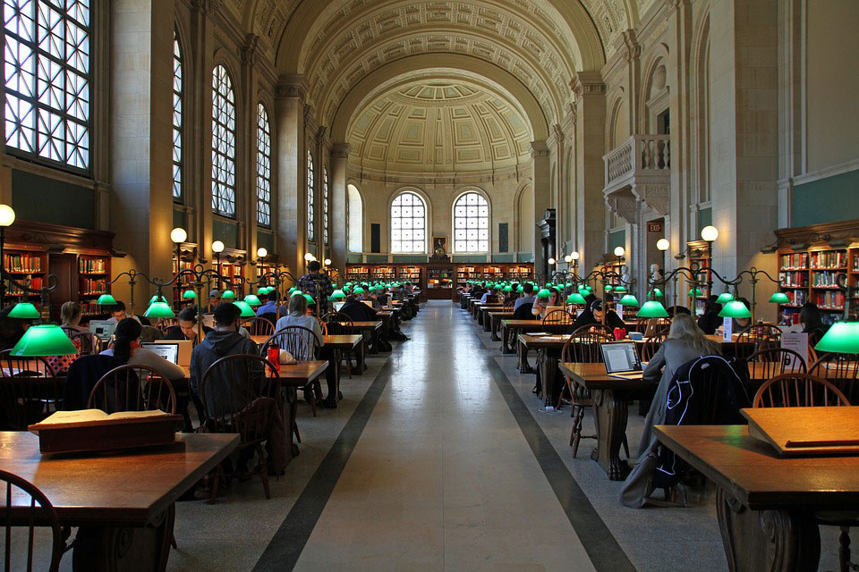 A long shot of the Bates Room in the Boston Public Library