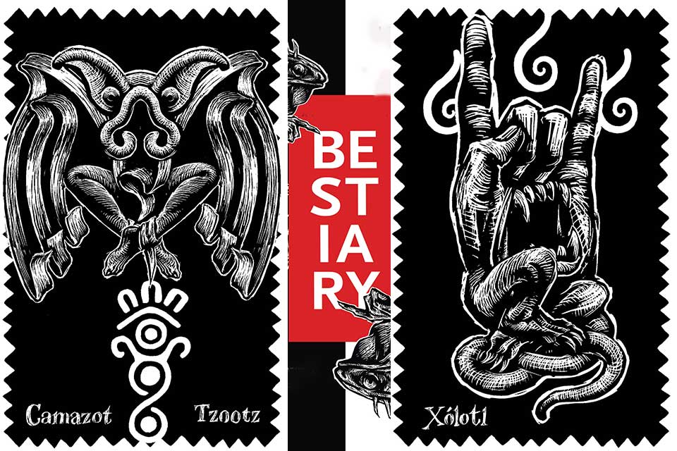 Two surreal illustrations, rendered in white on a black background with the word "Bestiary" in white on a red background in the center