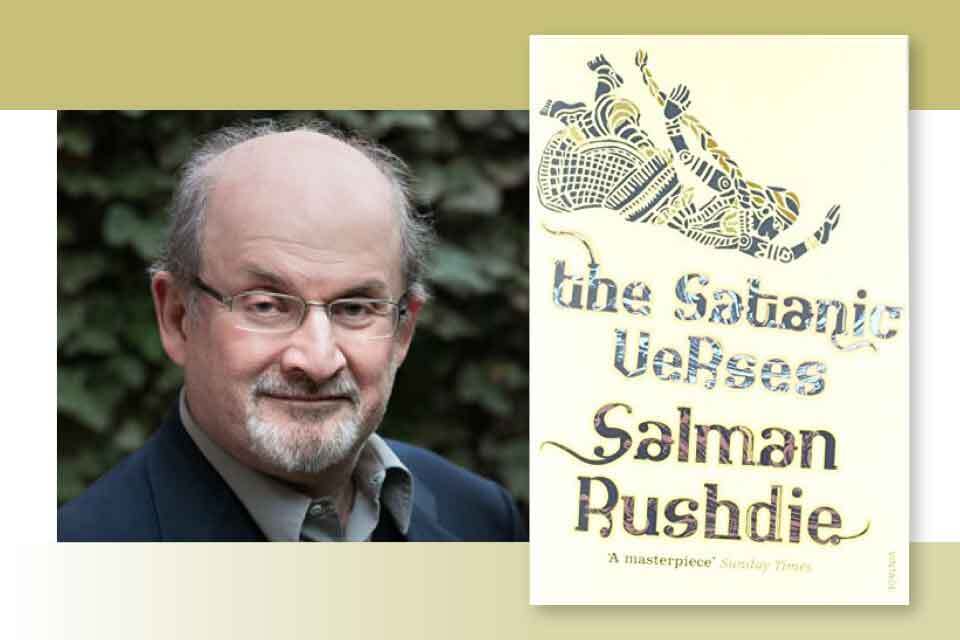 A photo of Salman Rushdie juxtaposed with the cover to his book The Satanic Verses