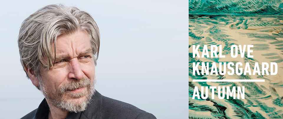 A photo of Karl Ove Knausgård juxtaposed with the partial cover to his book Autumn