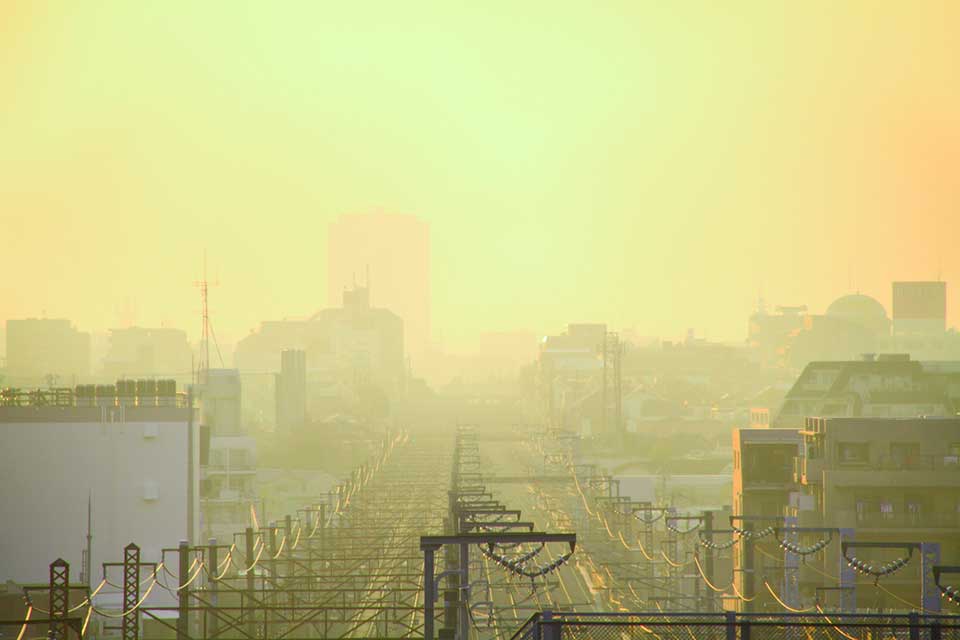 A Tokyo sunrise, the city bathed in dust