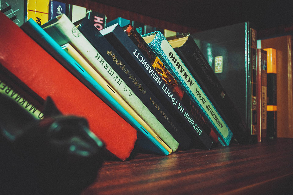 Books leaning on a shelf