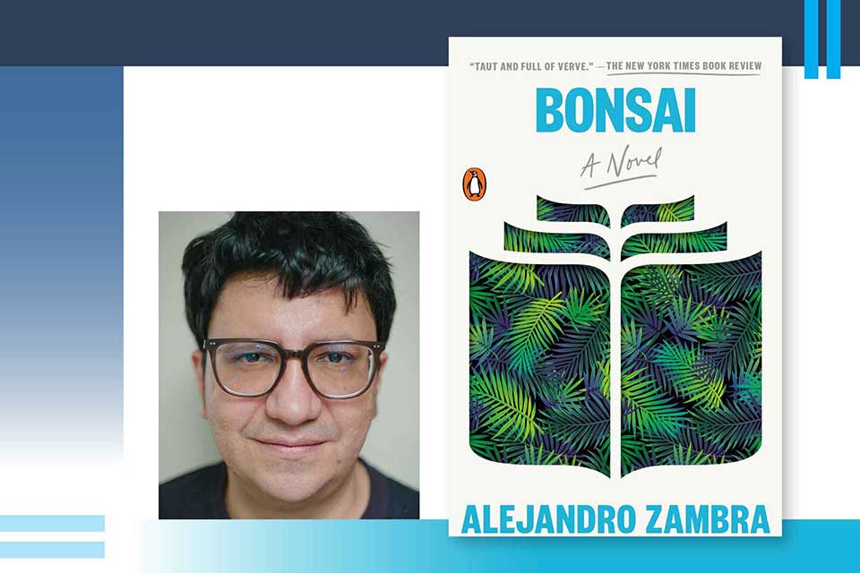 A photograph of Alejandro Zambra juxtaposed with the cover to his book Bonsai over a blue gradiant background