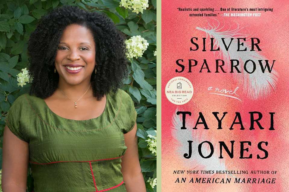 A photograph of Tayari Jones juxtaposed with the cover to her book Silver Sparrow