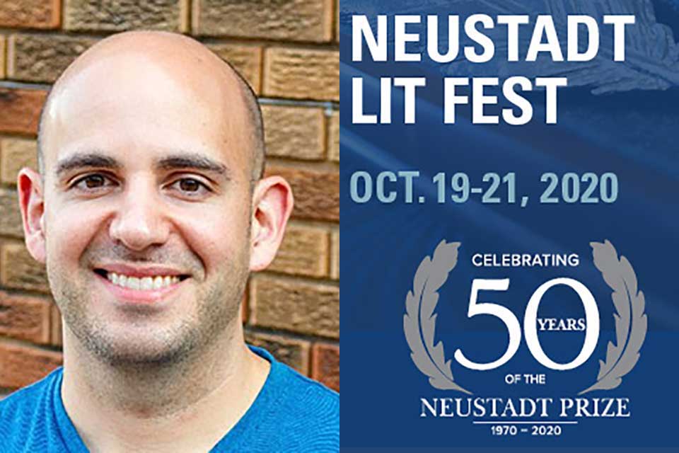 A photograph of NSK juror Adib Khorram juxtaposed with the logo of the 2020 Neustadt Lit Fest