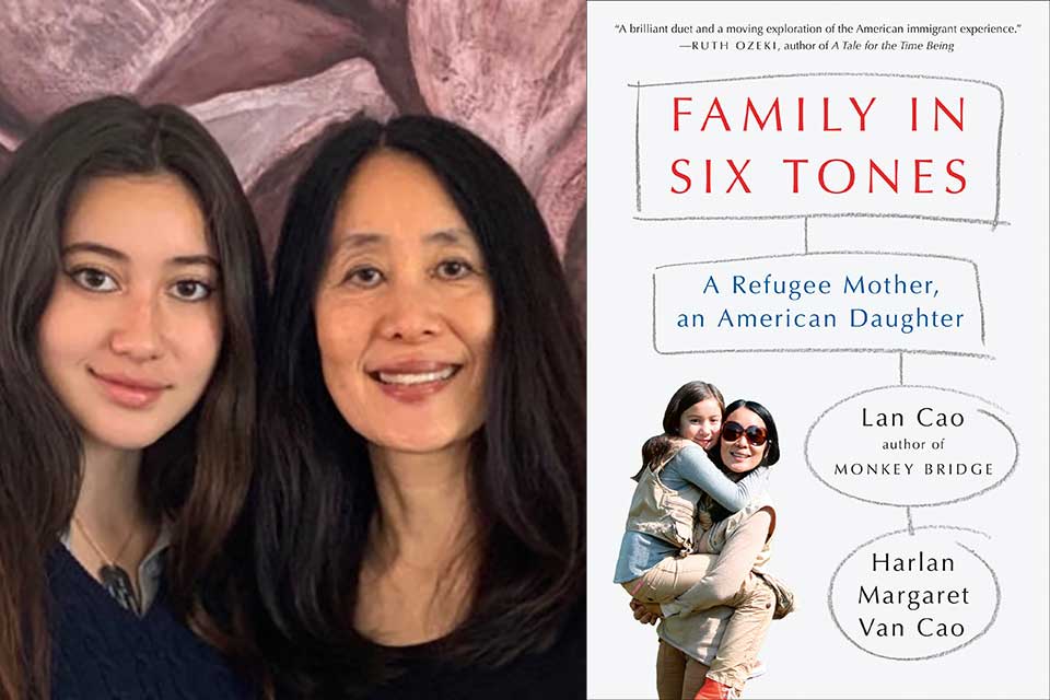 A photograph of Lan and Harlan Margaret Cao juxtaposed with the cover to their book, Family in Six Tones