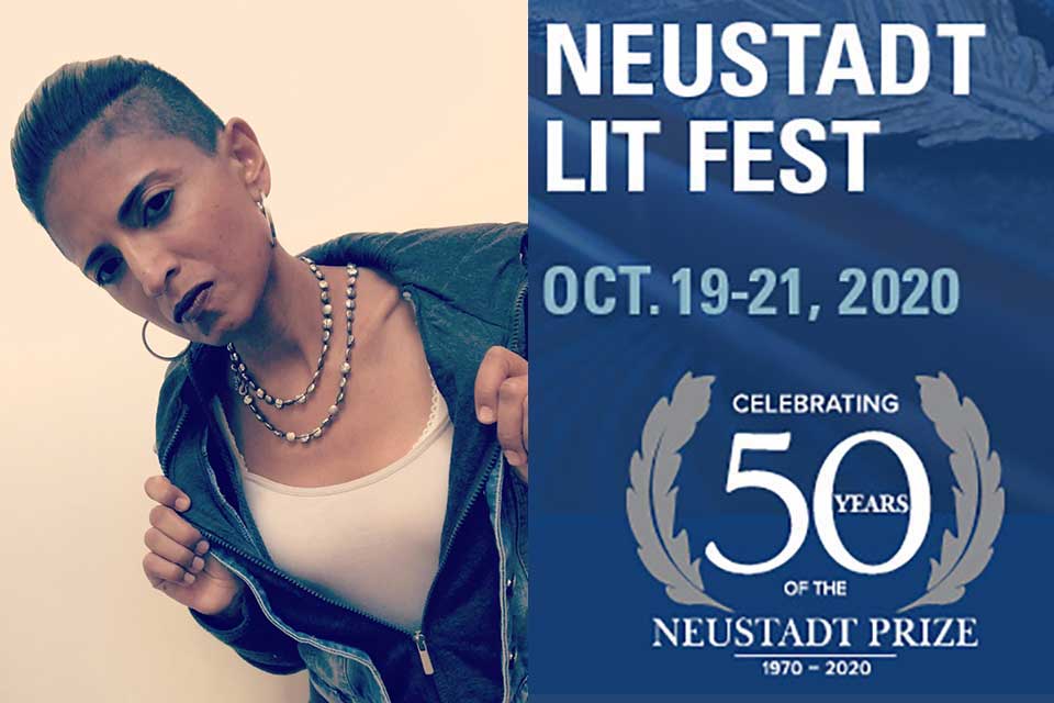 A photograph of Sonia Patel juxtaposed with the logo for the 2020 Neustadt Lit Fest