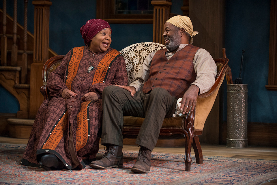 Jacqueline Williams (Aunt Ester) and Alfred H. Wilson (Solly Two Kings) in the 2015 Court Theatre production of Gem of the Ocean / Photo by Michael Brosilow