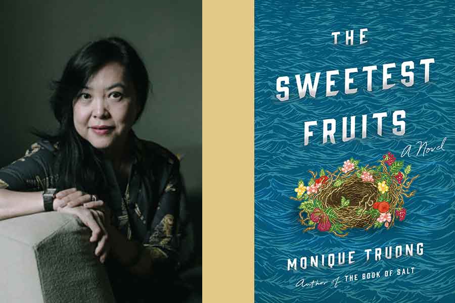 A photograph of writer Monique Troung juxtaposed with the cover to her book The Sweetest Fruits