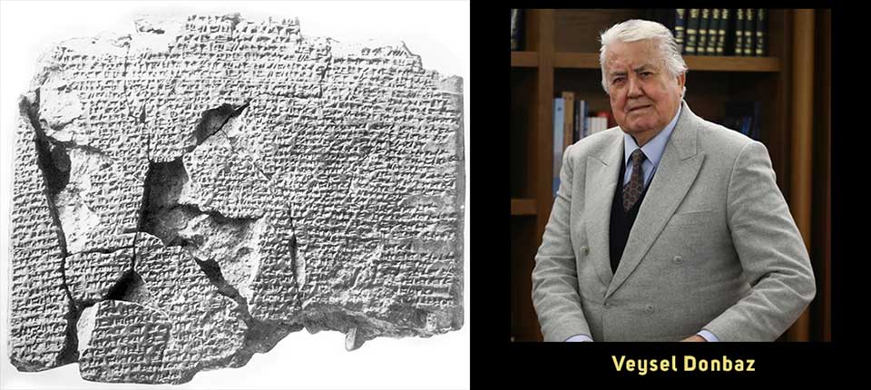 A photograph of the Kadesh peace treaty juxtaposed with a photo of Veysel Donbaz