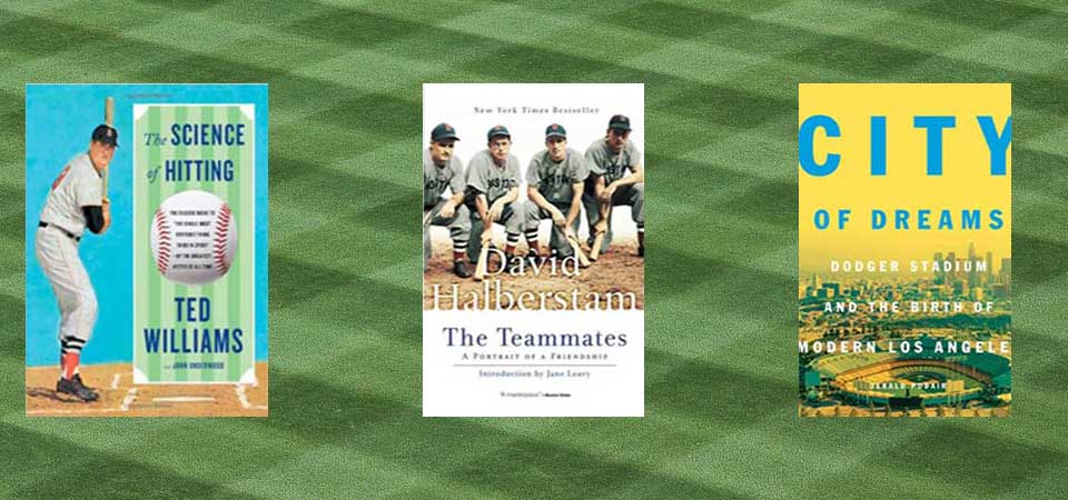 The cover to three books from list below with the texture of baseball field in the background