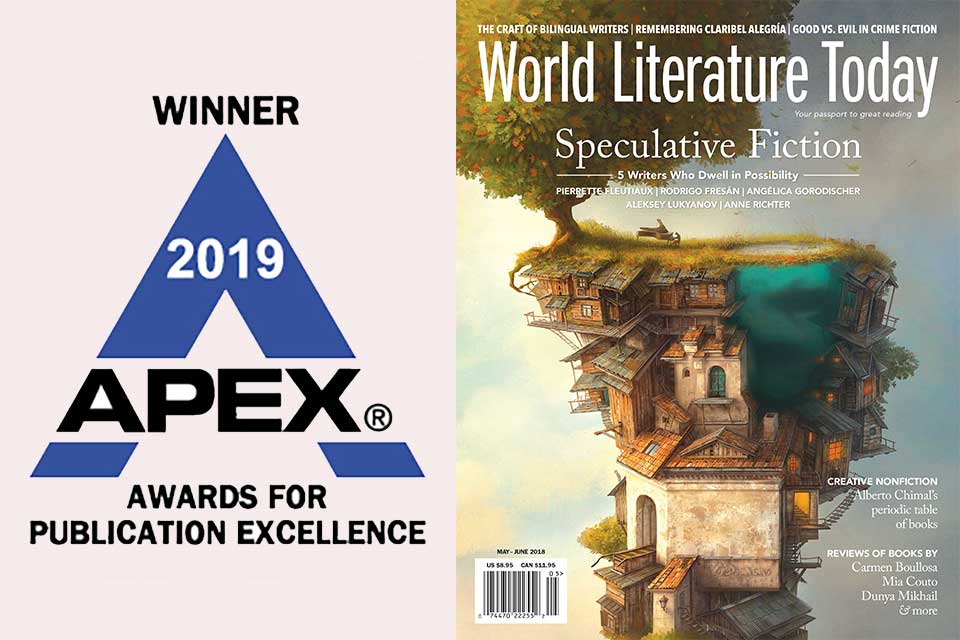 The logo for the APEX award juxtaposed with the cover to the May 2018 issue of WLT