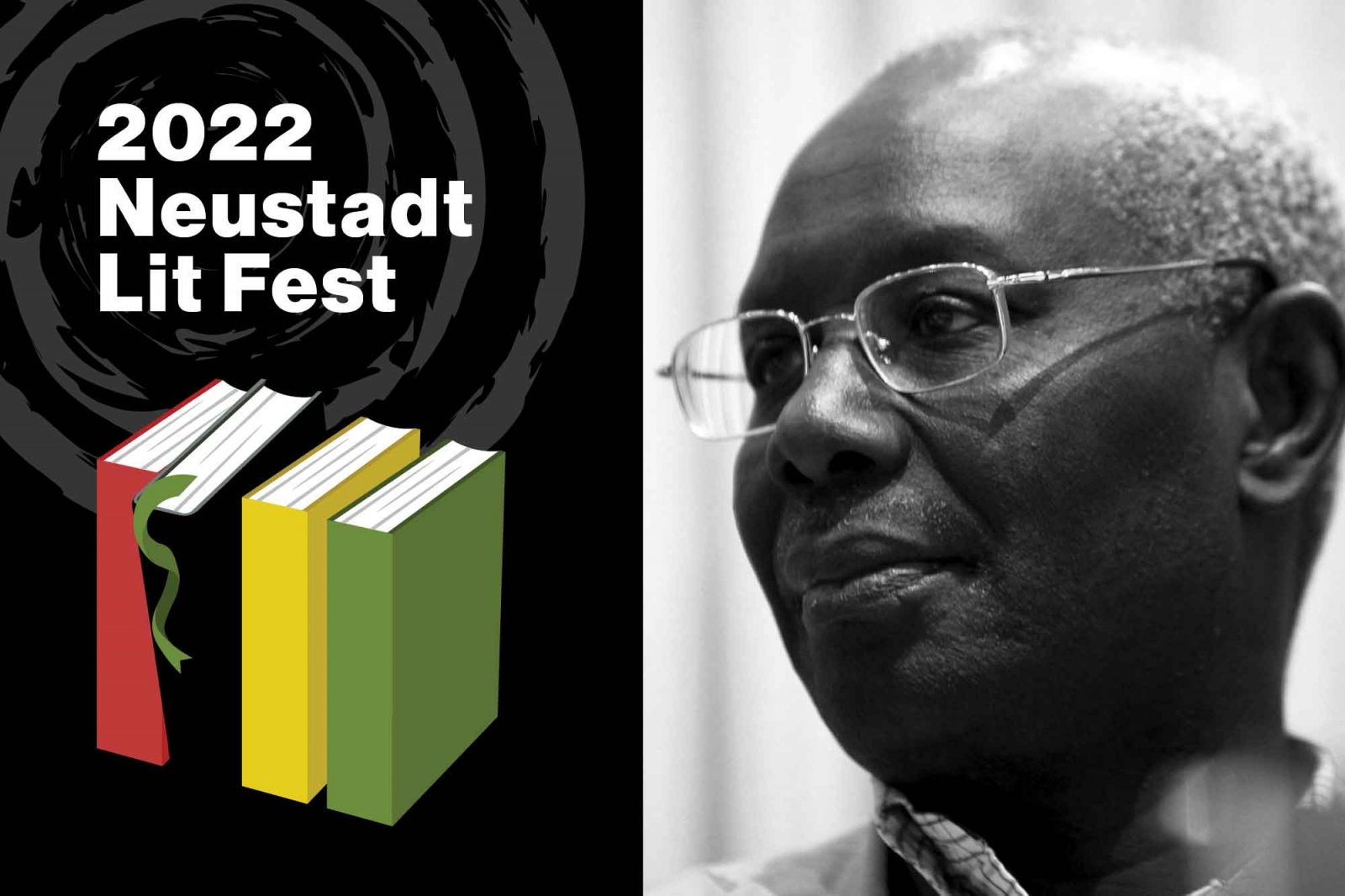 A photograph of Boubacar Boris Diop juxtaposed with festival branding. Text reads: 2022 Neustadt Festival