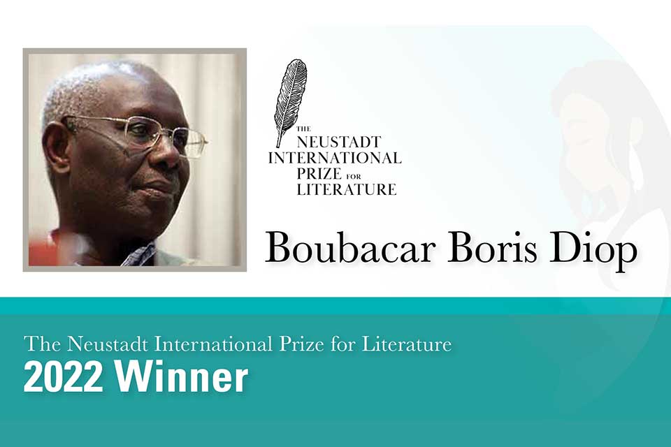 A photograph of Boubacar Boris Diop accompanied by text announcing him as the 2022 Neustadt Laureate