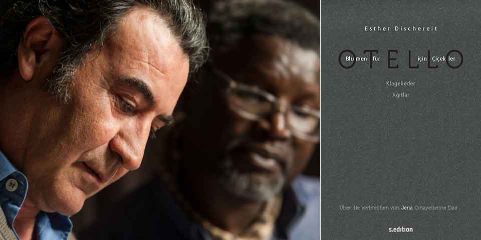 A photo of two voice actors sitting close to one another working on a radio production, juxtaposed with the cover to Flowers for Othello: On the Crimes That Came out of Jena