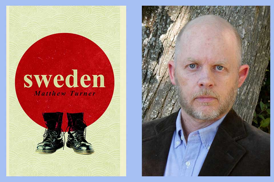 The cover to Matthew Turner's book Sweden with a photo of Turner juxtaposed