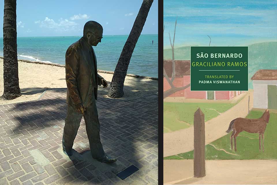 A statue of Graciliano Ramos at Ponta Verde beach, Maceió, Brazil juxtaposed with the cover to his book São Bernado