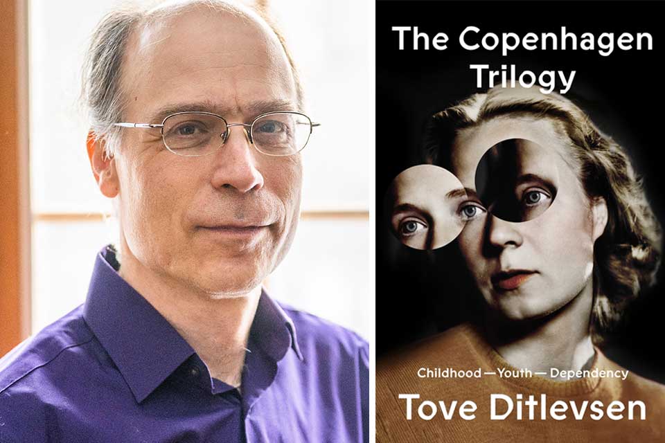 A photograph of translator Michael Favala Goldman juxtaposed with the cover to Tove Ditlevsen's Copenhagen Trilogy