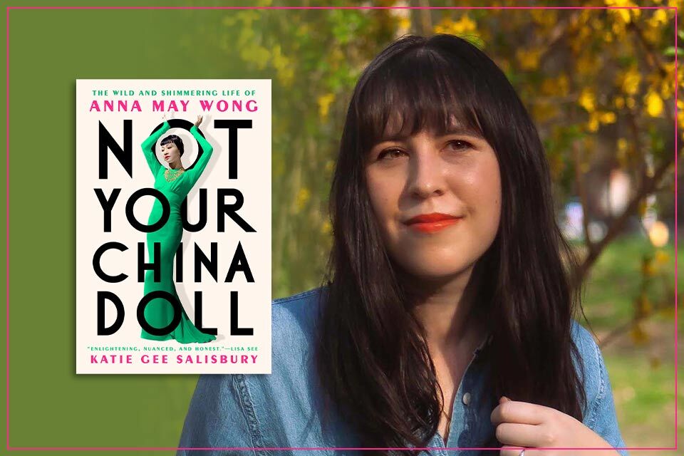 A photograph of Katie Gee Salisbury with the cover to her book Not Your China Girl