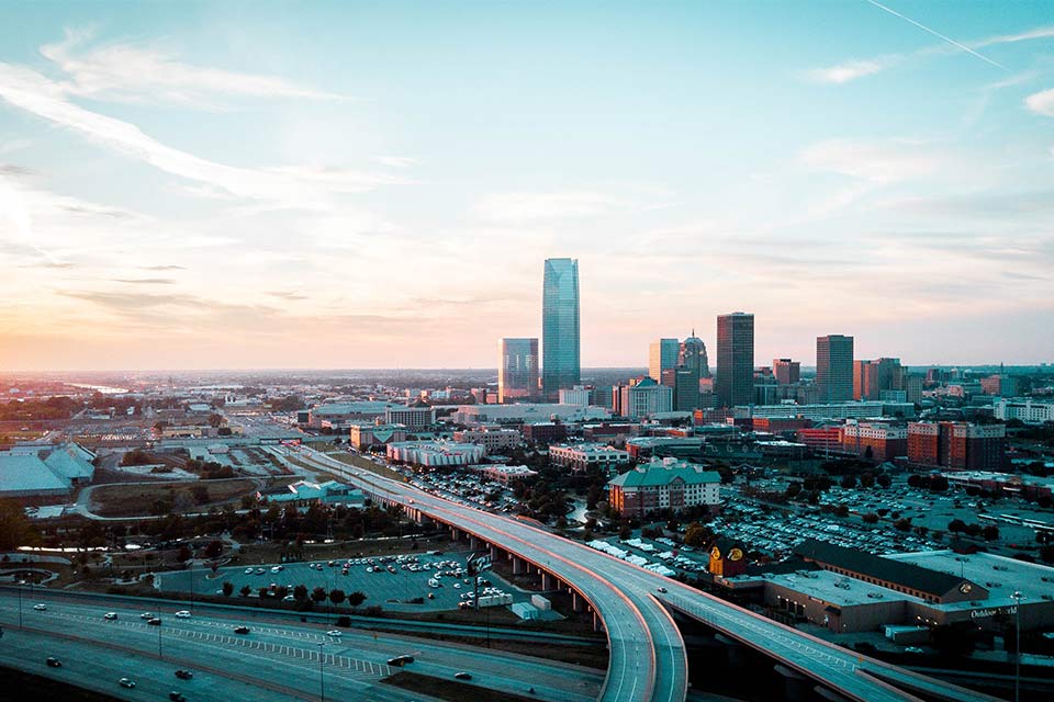 An aerial photograph of downtown Oklahoma City