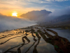 A photograph of a flooded rice terrace as the sun rises