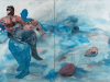 A diptych painting with two abstracts figures in a liquid landscape with heads floating in it